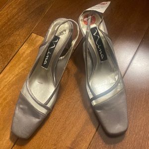 Y2K  silver sling back square toe heels